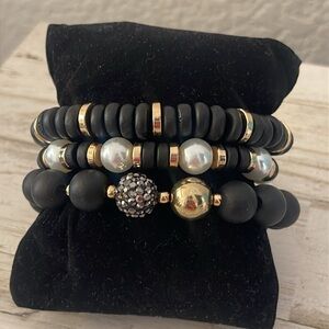 Three Strand Black, Gold, & Faux Pearl Beaded Bracelets